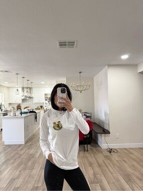White Long Sleeve Tee with Green & Gold Crest Graphic